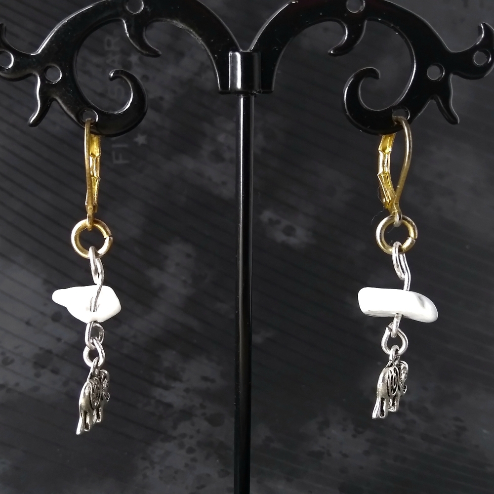 Stunning Handmade White Gem and Silver Elephant Dangling Earrings